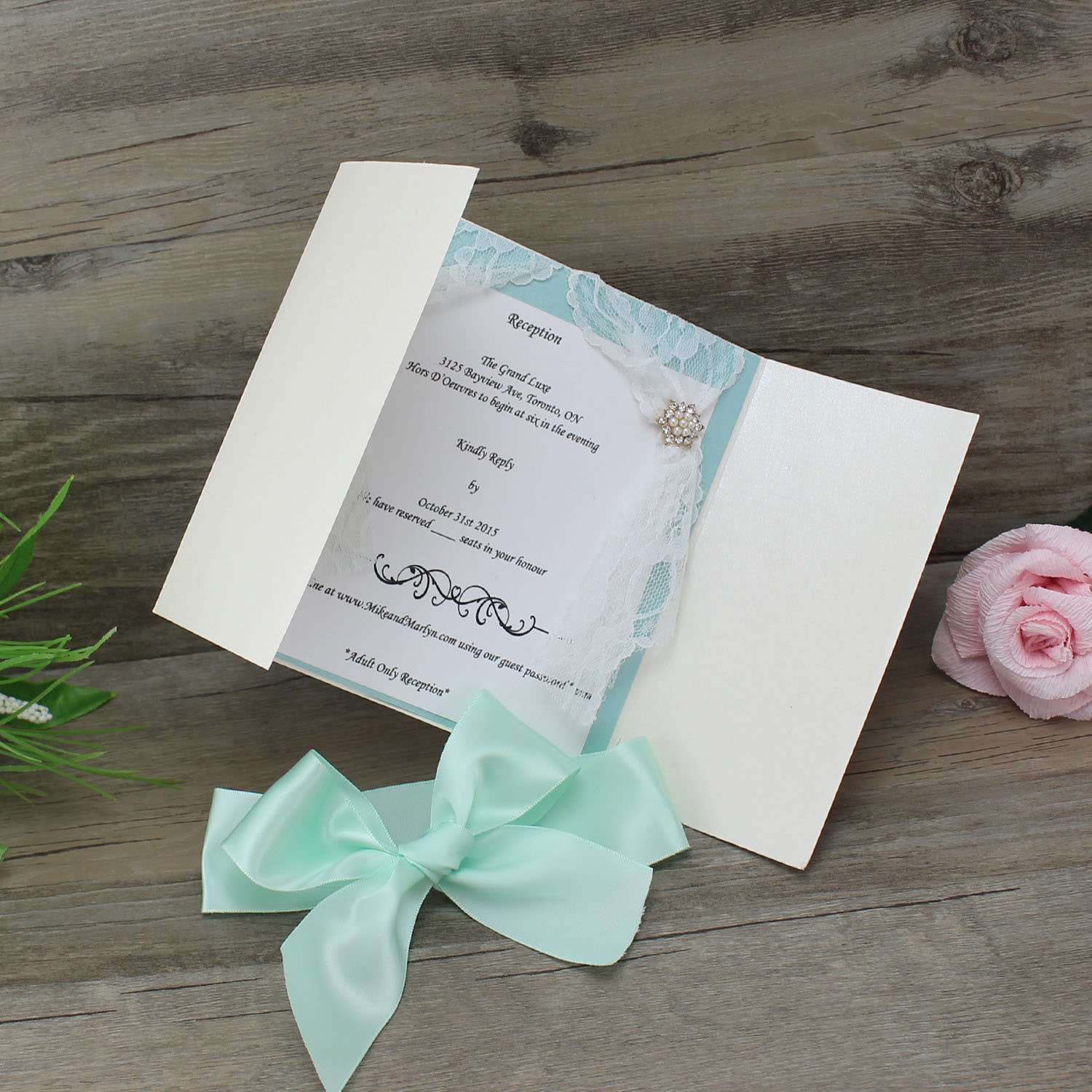 Gate Fold Invitation Card with Lace Decoration Wedding Card with Ribbon Bow